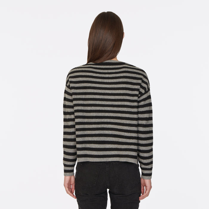 Autumn Cashmere 6 Ply Striped Shaker Crew In Cement/Black