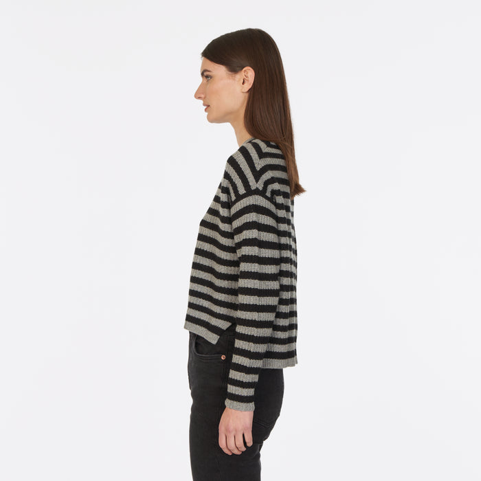 Autumn Cashmere 6 Ply Striped Shaker Crew In Cement/Black