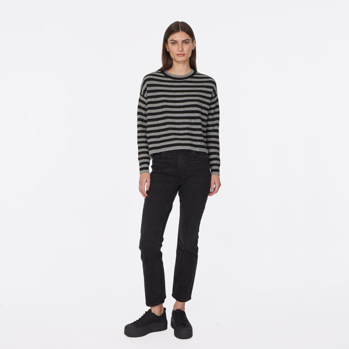 Autumn Cashmere 6 Ply Striped Shaker Crew In Cement/Black