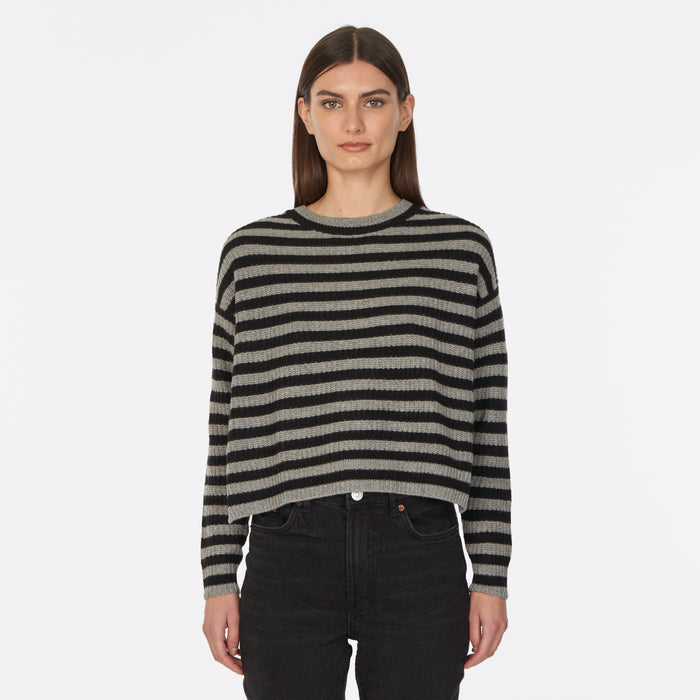autumn cashmere 6 Ply Striped Shaker Crew in Cement/Black