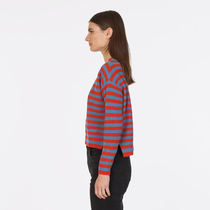 Autumn Cashmere 6 Ply Striped Shaker Crew In Mariner/Paprika