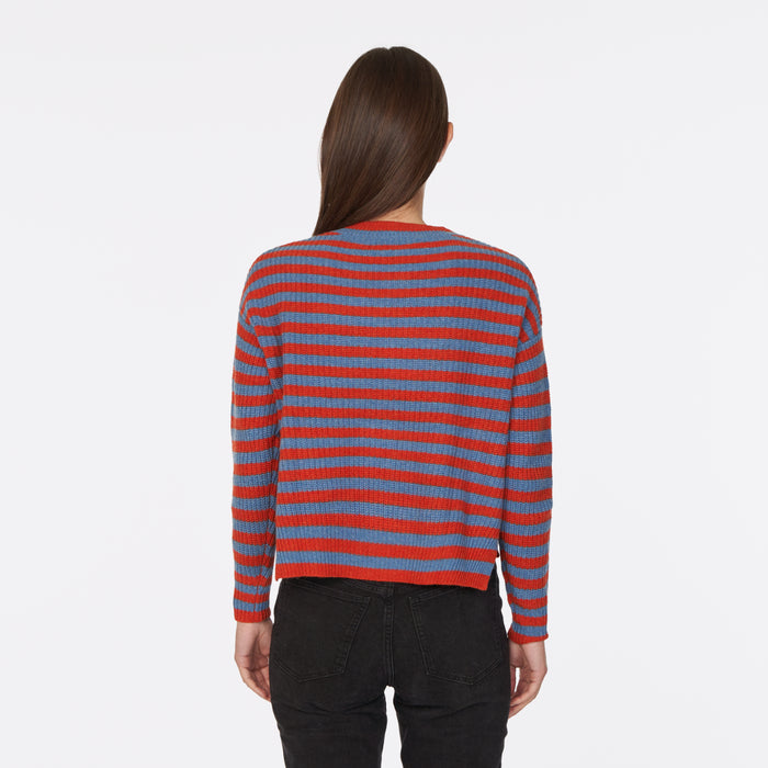 Autumn Cashmere 6 Ply Striped Shaker Crew In Mariner/Paprika