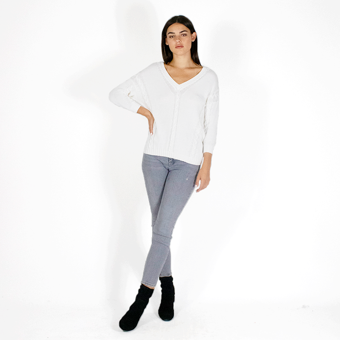 Autumn Cashmere Angled Cable V-Neck In Bleach White