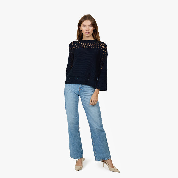 Autumn Cashmere Boxy Crew W/ Mesh Yoke In Navy Blue