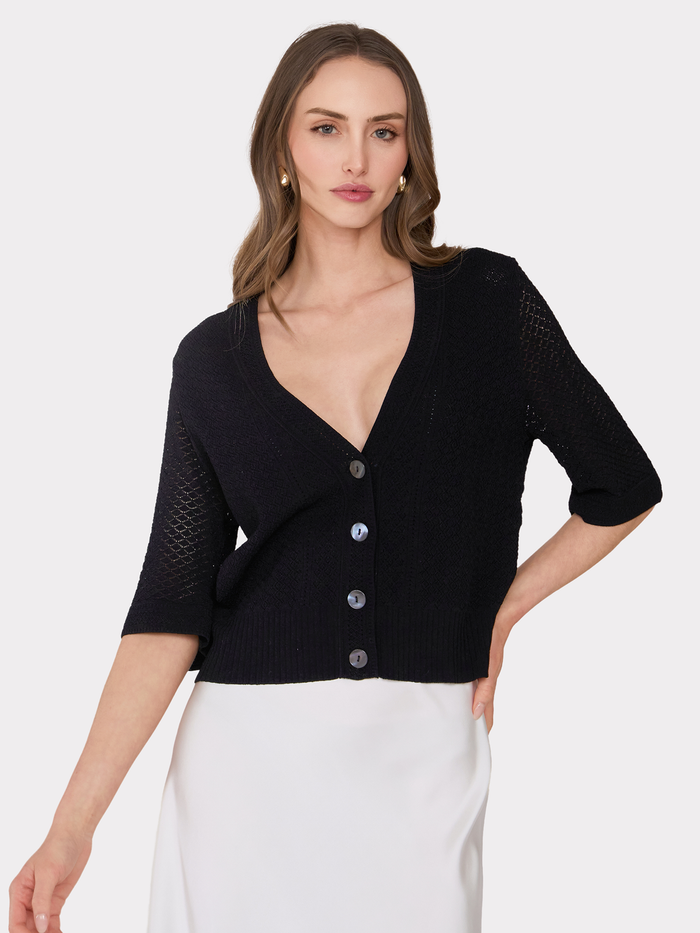 autumn cashmere Pointelle V-Neck Cardigan in Black