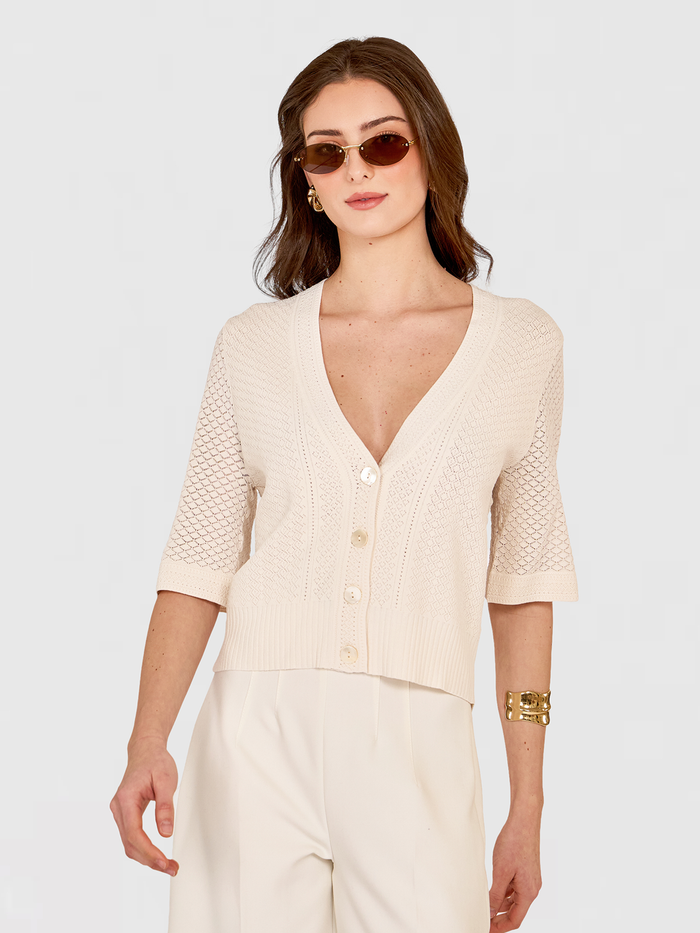 autumn cashmere Pointelle V-Neck Cardigan in Sand