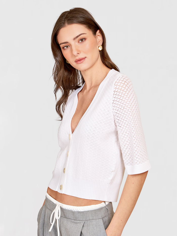 Autumn Cashmere Pointelle V-Neck Cardigan In White