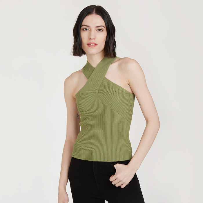Autumn Cashmere Rib Crisscross Halter In Herb