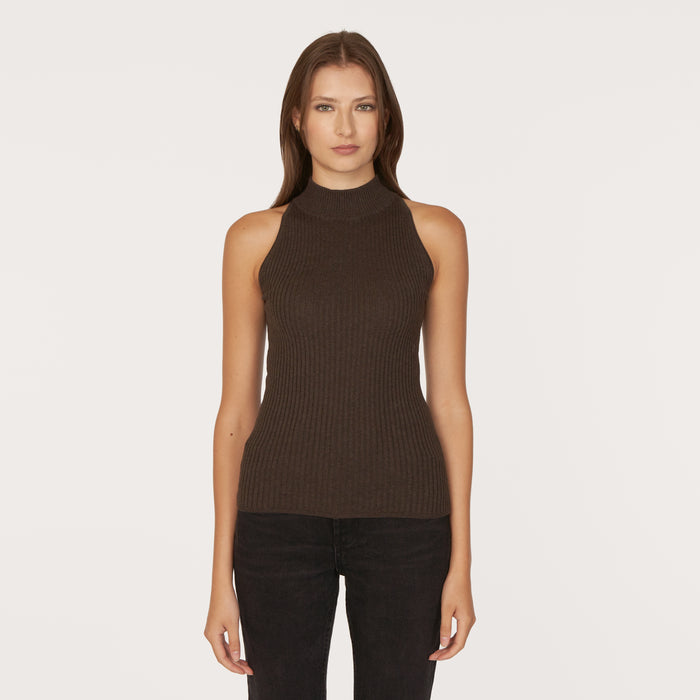 autumn cashmere Rib Mock Halter in Pumpernickel