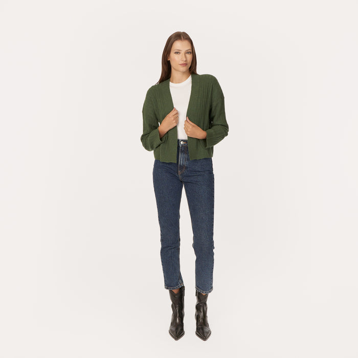 Autumn Cashmere Rib Open Front Shrug In Pickle