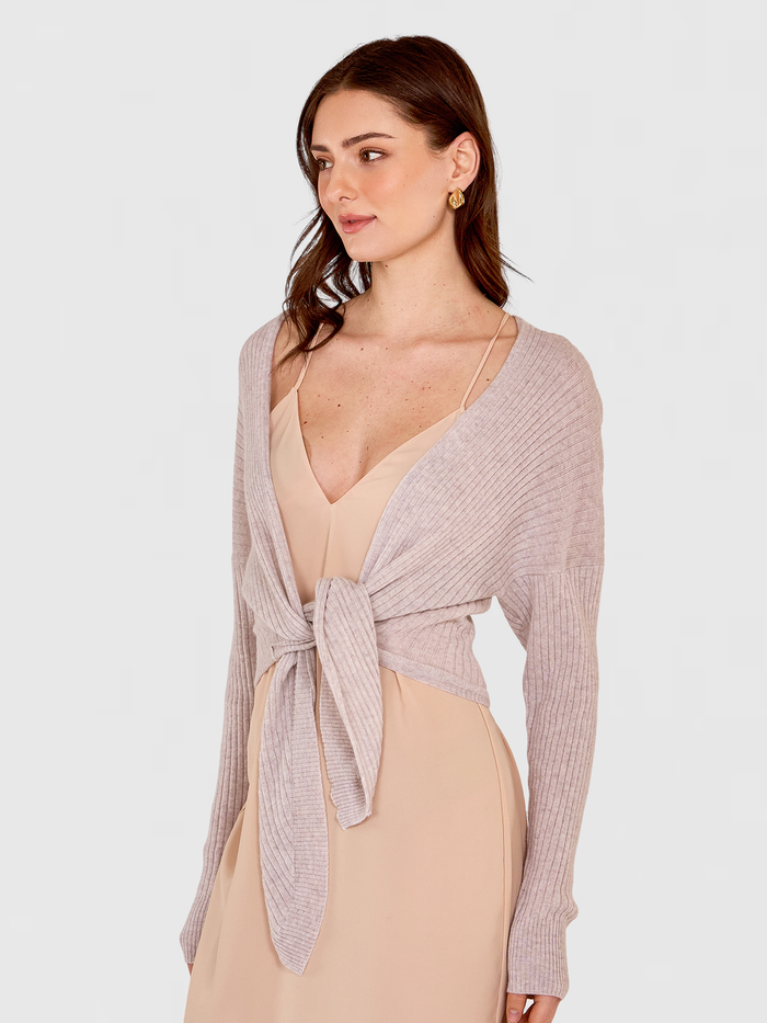 Autumn Cashmere Tie Front Rib Cardigan In Birch