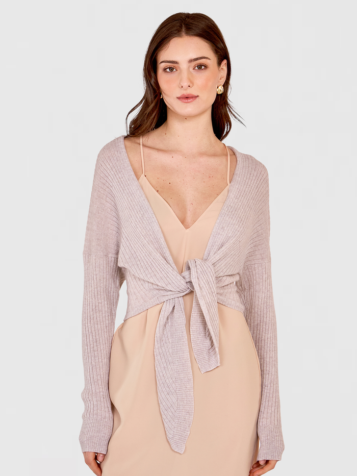 autumn cashmere Tie Front Rib Cardigan in Birch