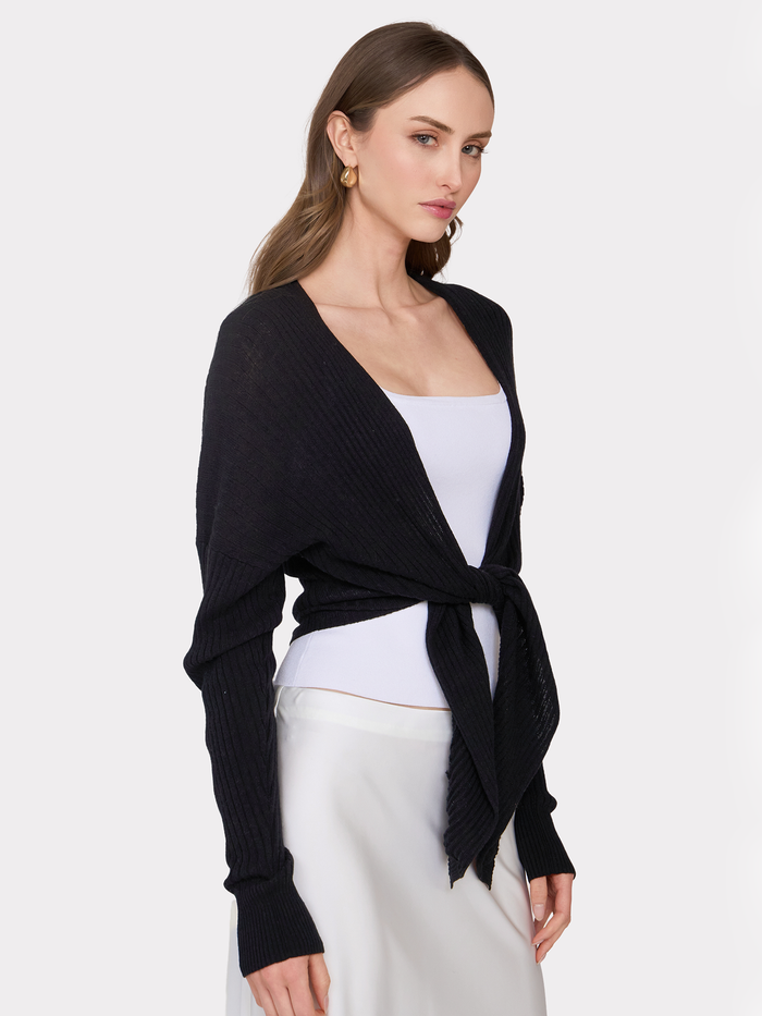 Autumn Cashmere Tie Front Rib Cardigan In Black