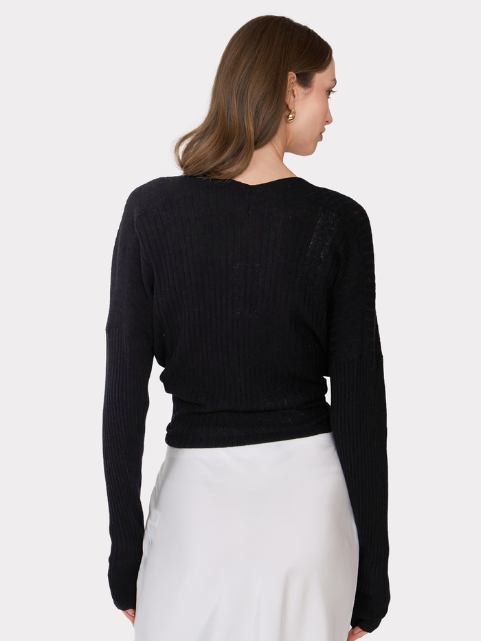 Autumn Cashmere Tie Front Rib Cardigan In Black