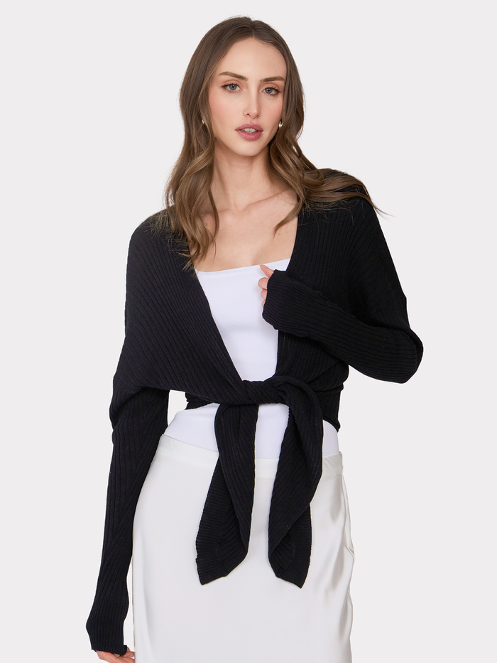 autumn cashmere Tie Front Rib Cardigan in Black