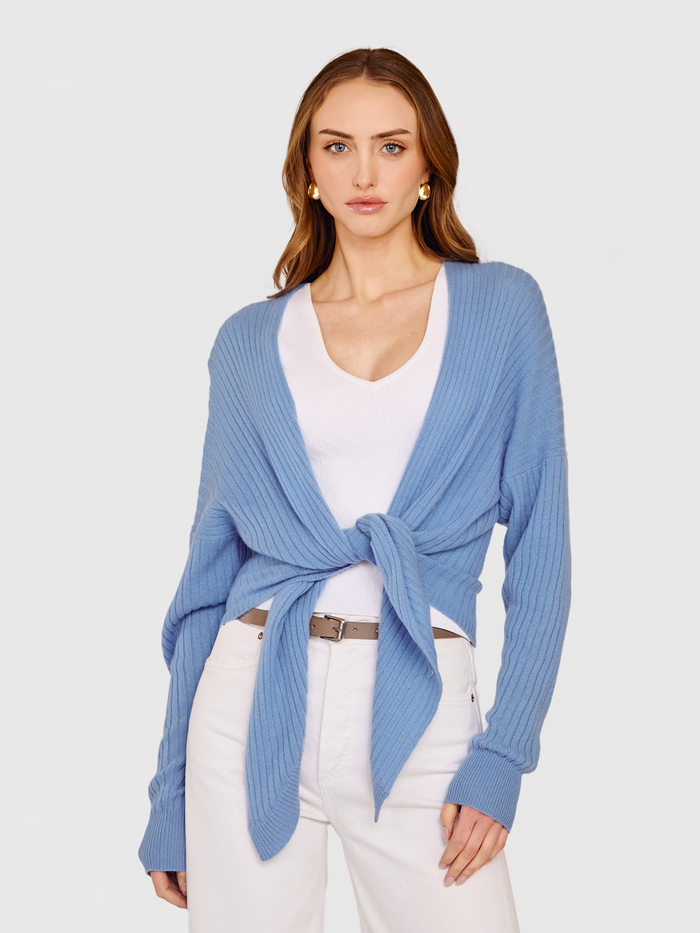 autumn cashmere Tie Front Rib Cardigan in Cielo