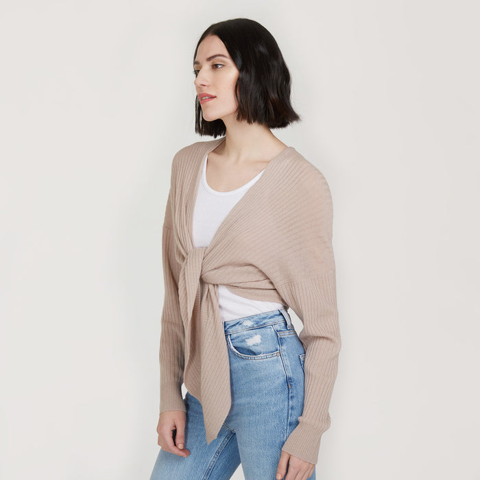 Autumn Cashmere Tie Front Rib Cardigan In Fawn