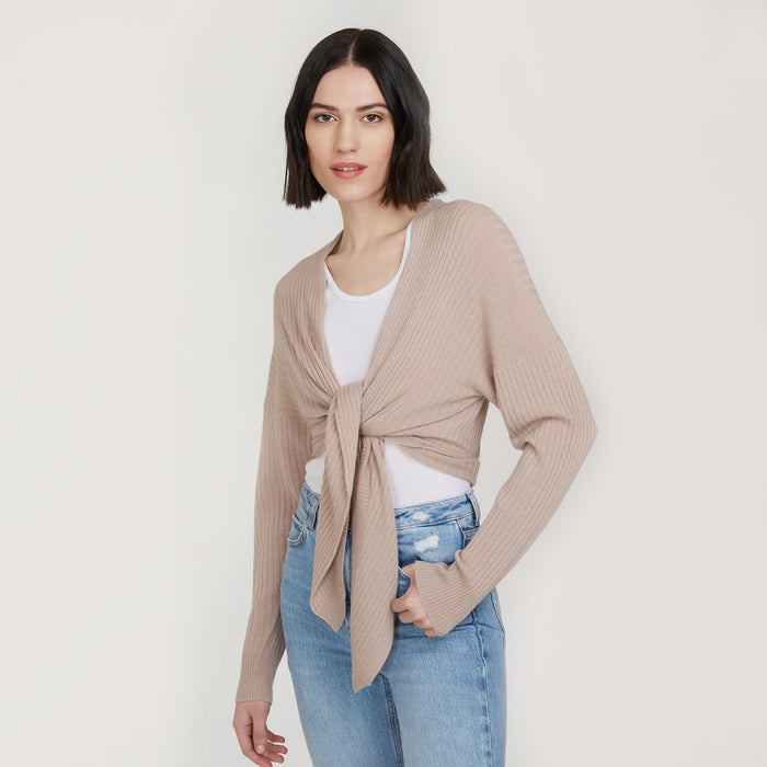 Autumn Cashmere Tie Front Rib Cardigan In Fawn