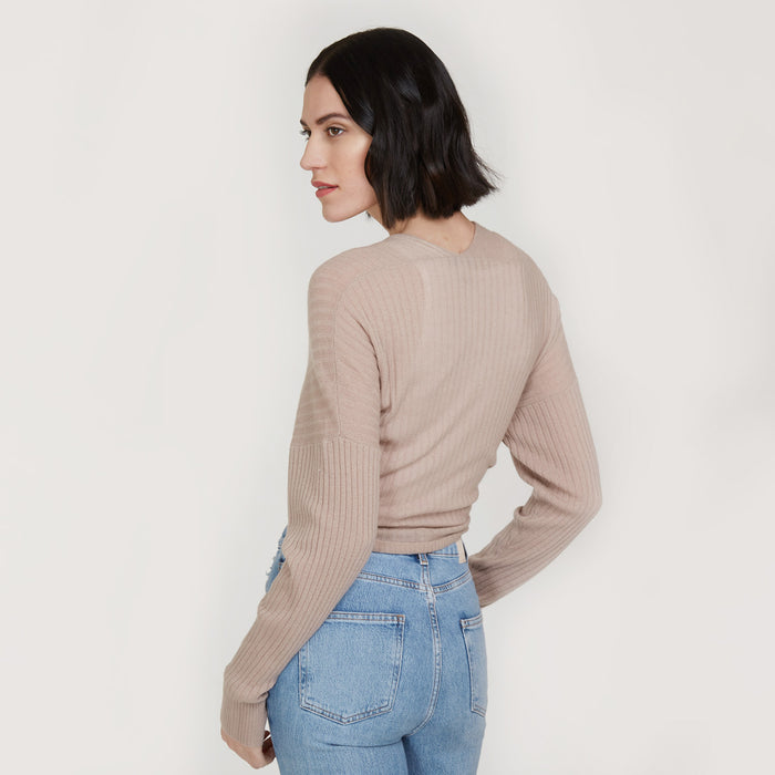 Autumn Cashmere Tie Front Rib Cardigan In Fawn