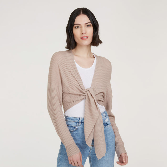 autumn cashmere Tie Front Rib Cardigan in Fawn
