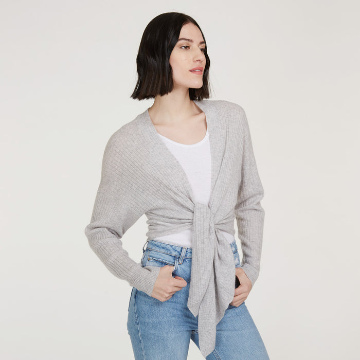 Autumn Cashmere Tie Front Rib Cardigan In Fog