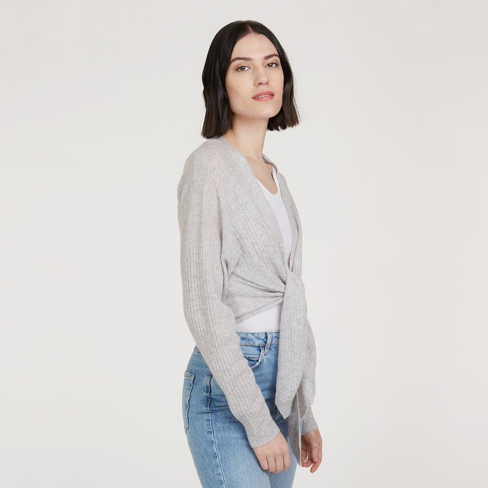 Autumn Cashmere Tie Front Rib Cardigan In Fog