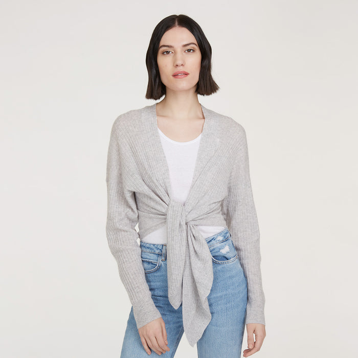 autumn cashmere Tie Front Rib Cardigan in Fog