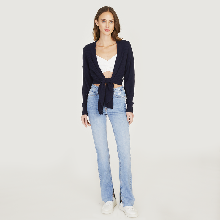 Autumn Cashmere Tie Front Rib Cardigan In Navy