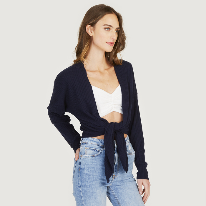 Autumn Cashmere Tie Front Rib Cardigan In Navy