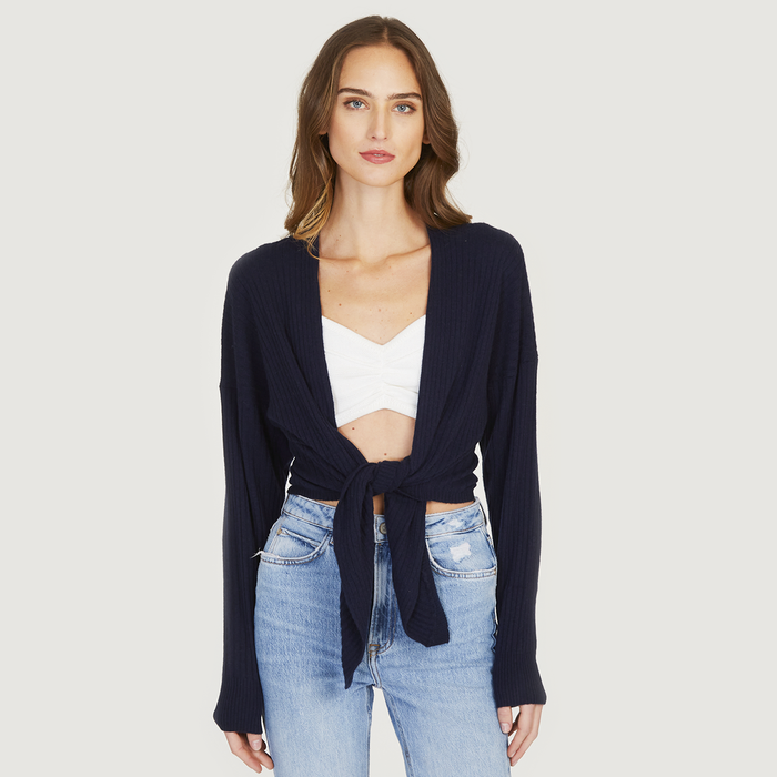 autumn cashmere Tie Front Rib Cardigan in Navy