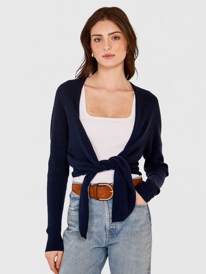 autumn cashmere Tie Front Rib Cardigan in Navy