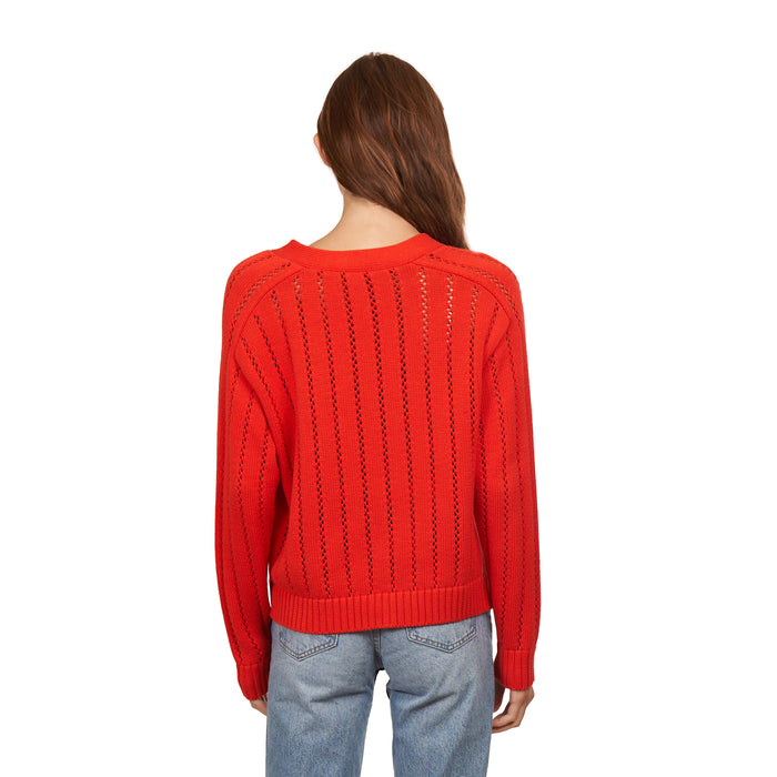 Autumn Cashmere Cropped V-Neck Cardigan W/ Pointelle Ladder Stitch In Apple