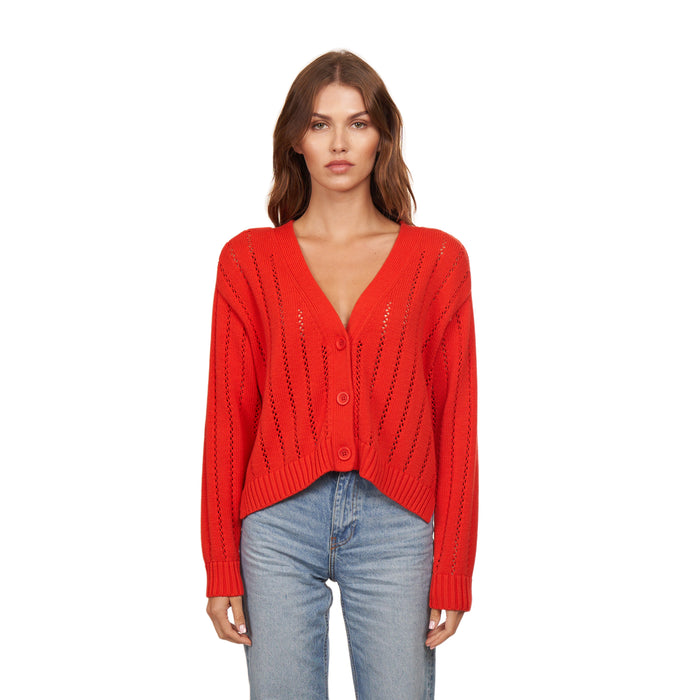 autumn cashmere Cropped V-Neck Cardigan w/ Pointelle Ladder Stitch in Apple