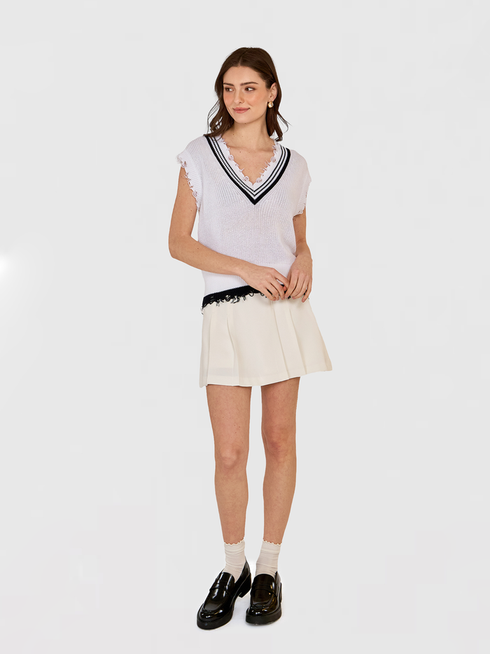 Autumn Cashmere Distressed Cotton Shaker Vest W/ Varsity Stripes In Bleach White/Navy Blue