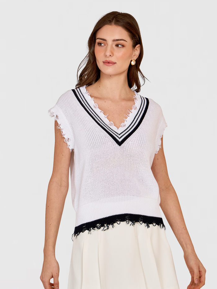 Autumn Cashmere Distressed Cotton Shaker Vest W/ Varsity Stripes In Bleach White/Navy Blue