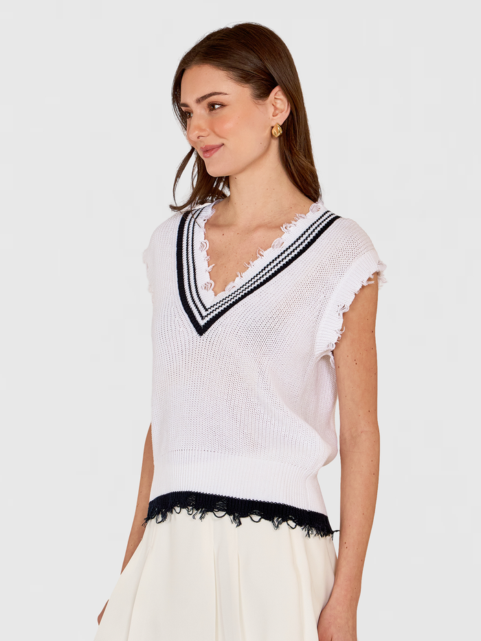 Autumn Cashmere Distressed Cotton Shaker Vest W/ Varsity Stripes In Bleach White/Navy Blue