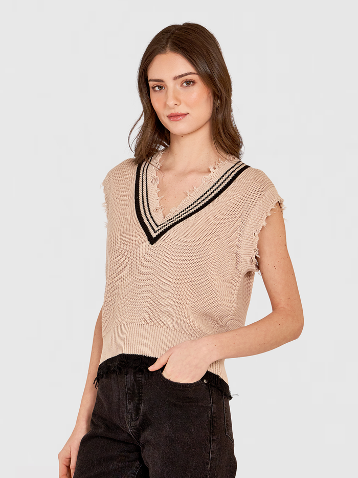 Autumn Cashmere Distressed Cotton Shaker Vest W/ Varsity Stripes In Latte/Black