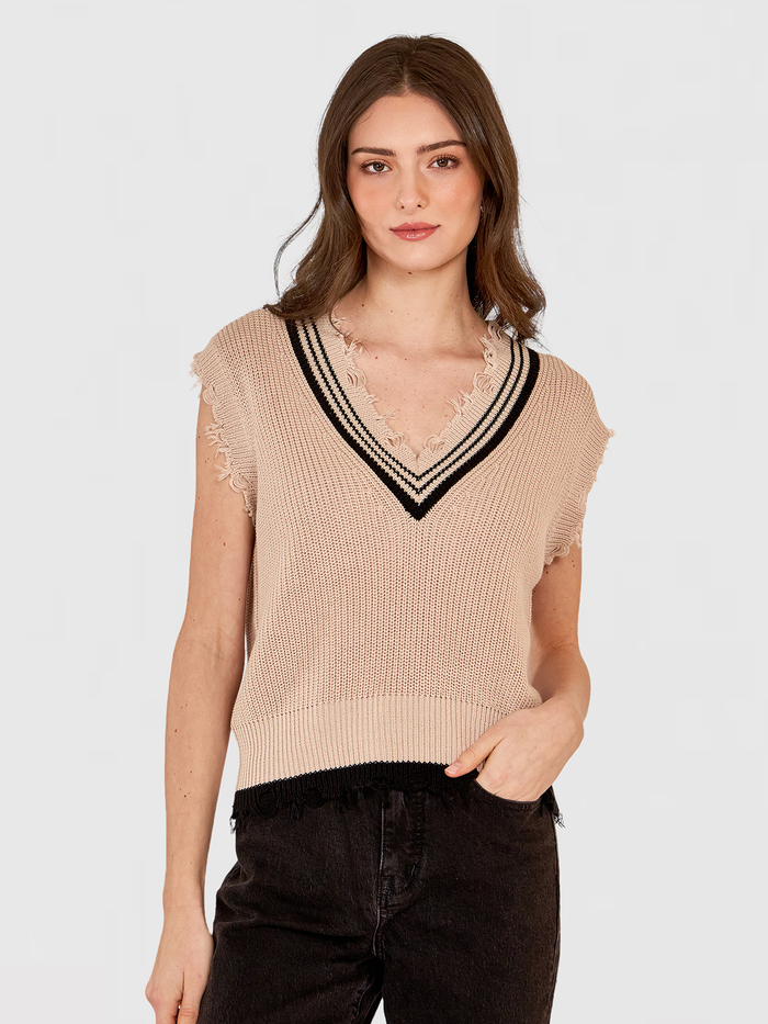 autumn cashmere Distressed Cotton Shaker Vest w/ Varsity Stripes in Latte/Black