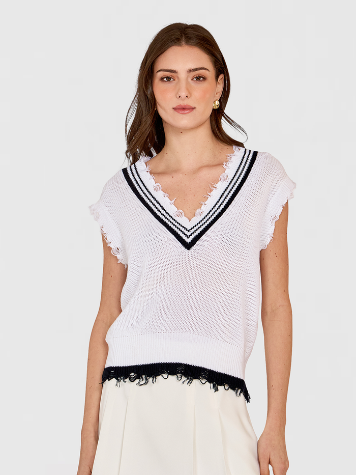 autumn cashmere Distressed Cotton Shaker Vest w/ Varsity Stripes in Bleach White/Navy Blue