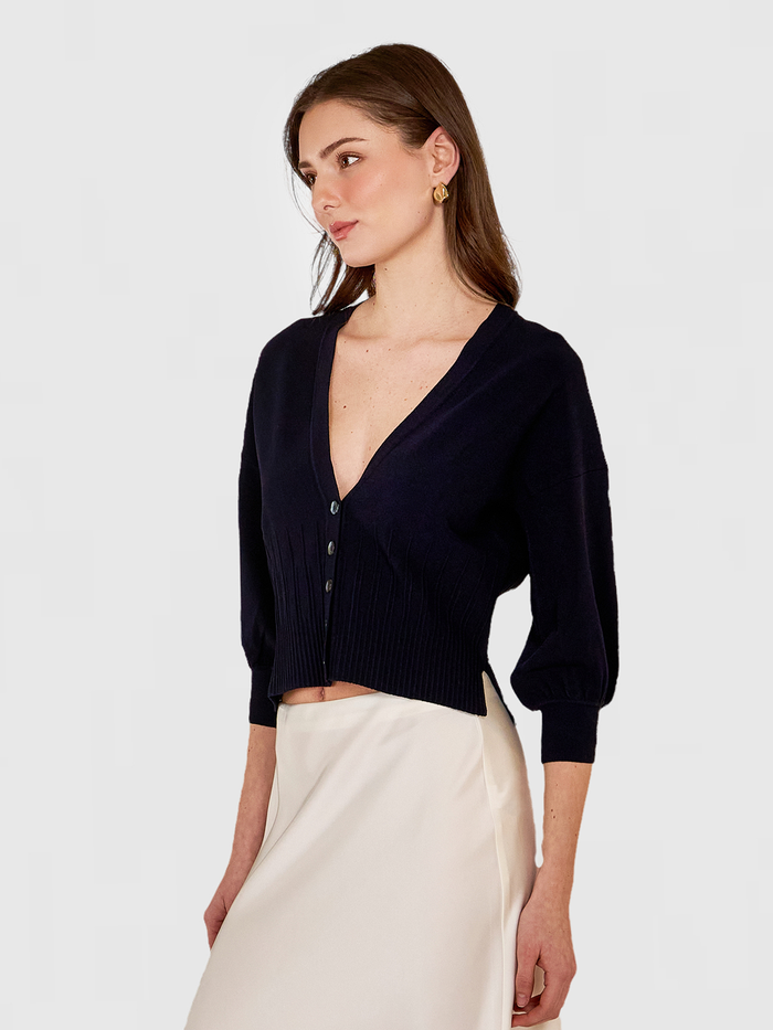 Autumn Cashmere Drop Shoulder Cardigan W/ Ottoman Ribs In Navy