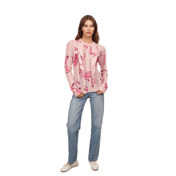 Autumn Cashmere Floral Printed Cable & Pointelle Crew