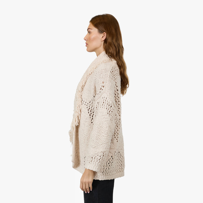 Autumn Cashmere Fringed Shawl Collar Jacket In Sand