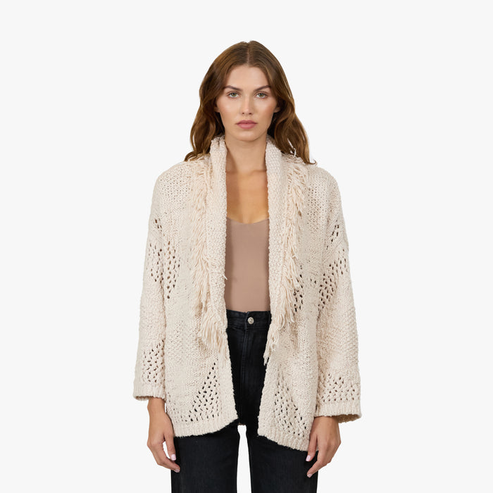 autumn cashmere Fringed Shawl Collar Jacket in Sand