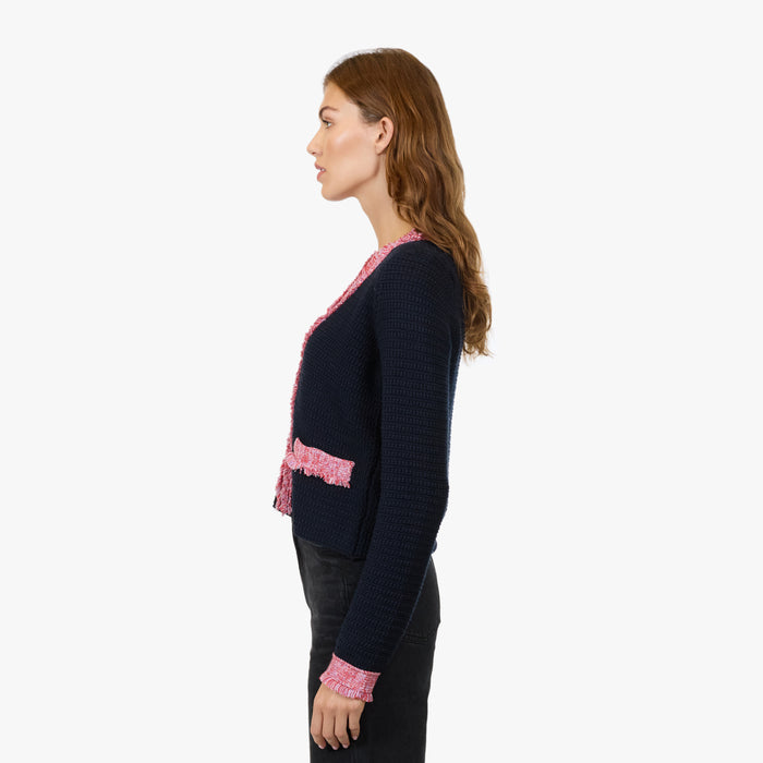 Autumn Cashmere Fringed Trimmed V-Neck Jacket In Navy Blue Combo