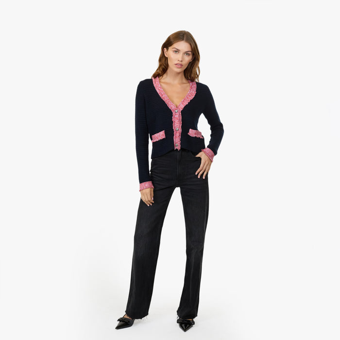 Autumn Cashmere Fringed Trimmed V-Neck Jacket In Navy Blue Combo