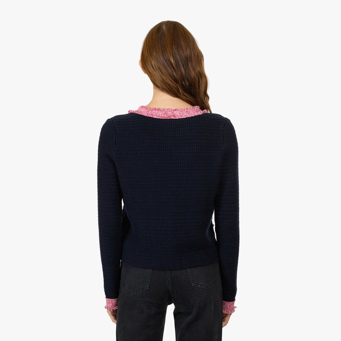 Autumn Cashmere Fringed Trimmed V-Neck Jacket In Navy Blue Combo