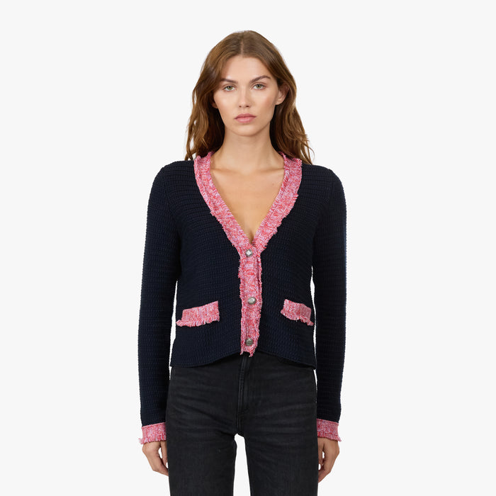 autumn cashmere Fringed Trimmed V-Neck Jacket in Navy Blue Combo