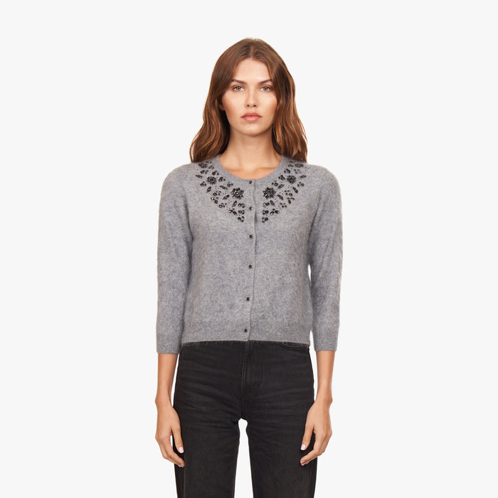 autumn cashmere Hand Beaded Brushed Cashmere Baby Cardigan in Feather