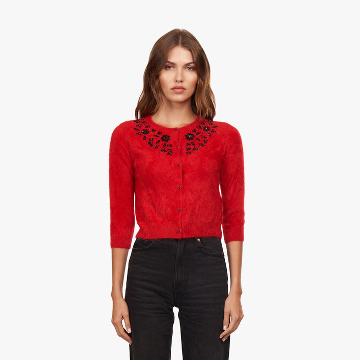 autumn cashmere Hand Beaded Brushed Cashmere Baby Cardigan in Red Alert