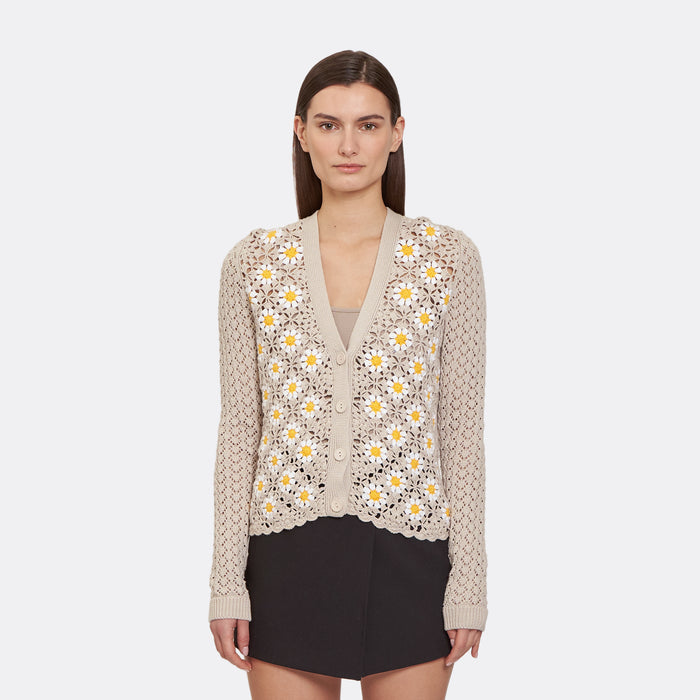 autumn cashmere Hand Crochet Daisy Cardigan in Sand Dollar Combo